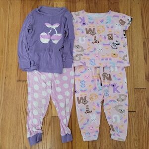 Lot of Two Toddler Girls 3T Pajamas Purple Cherries Polka Dots Alphabet Animals